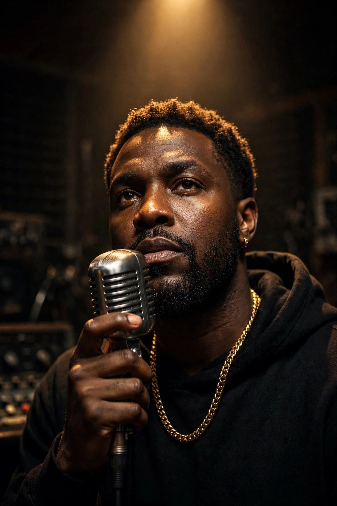 Black American hip-hop artist holding a vintage microphone