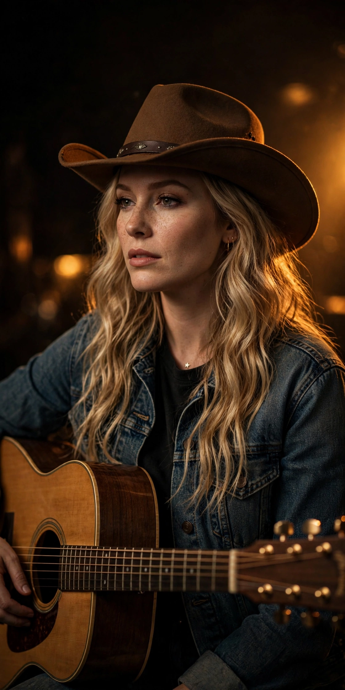 American female country singer with acoustic guitar and cowboy hat