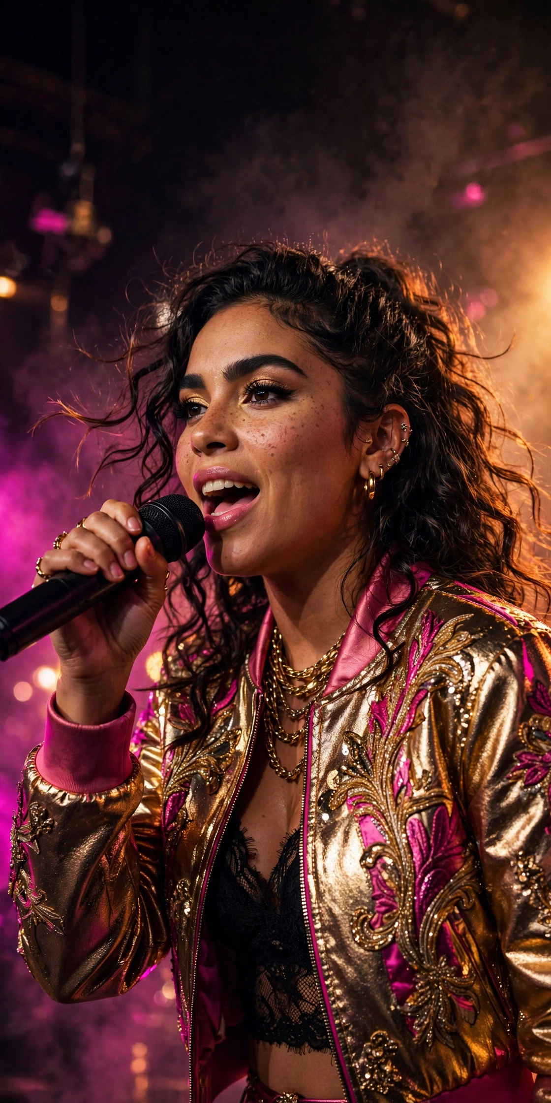 Latina reggaeton singer performing on stage