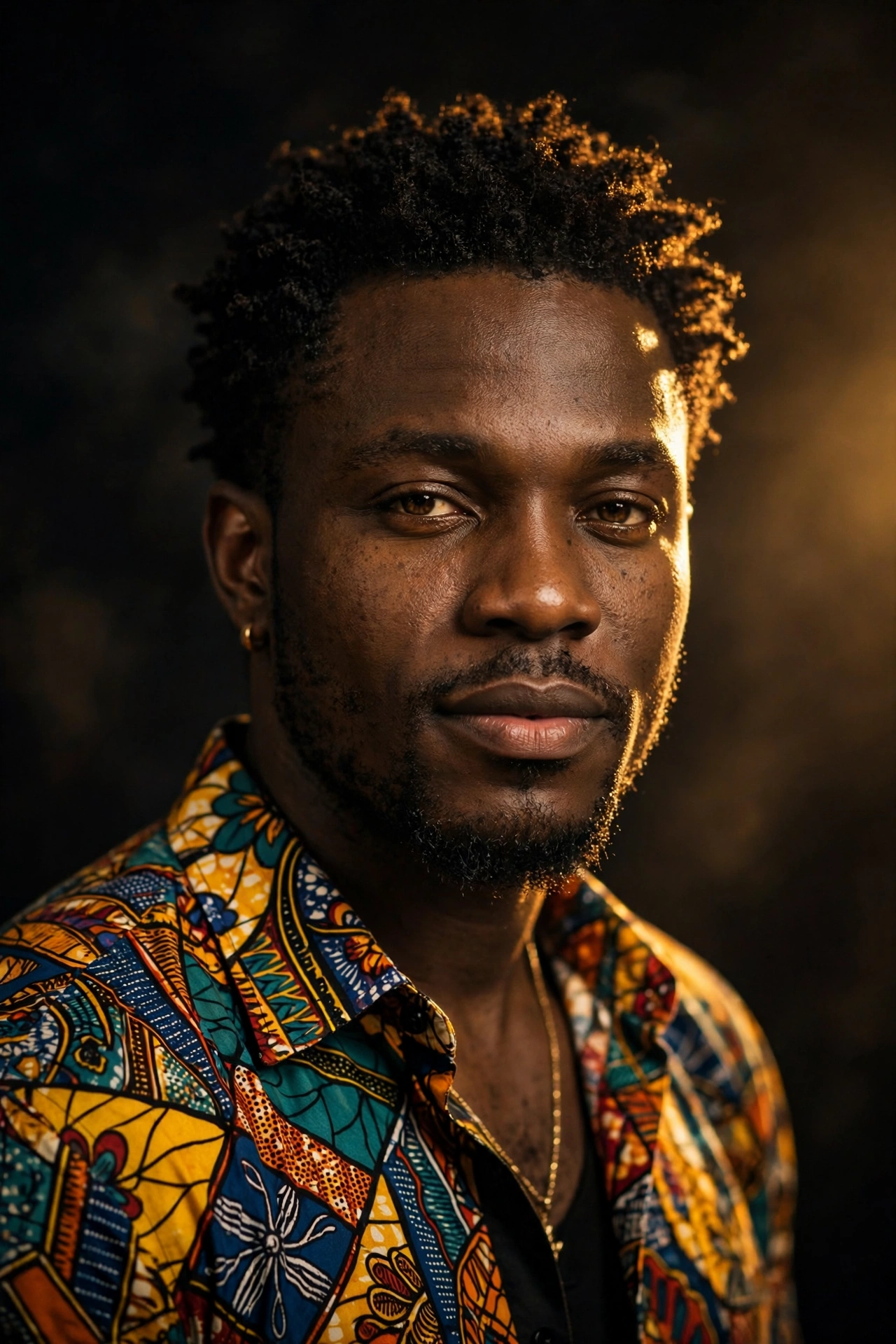 Nigerian male Afrobeats singer in colorful patterned shirt