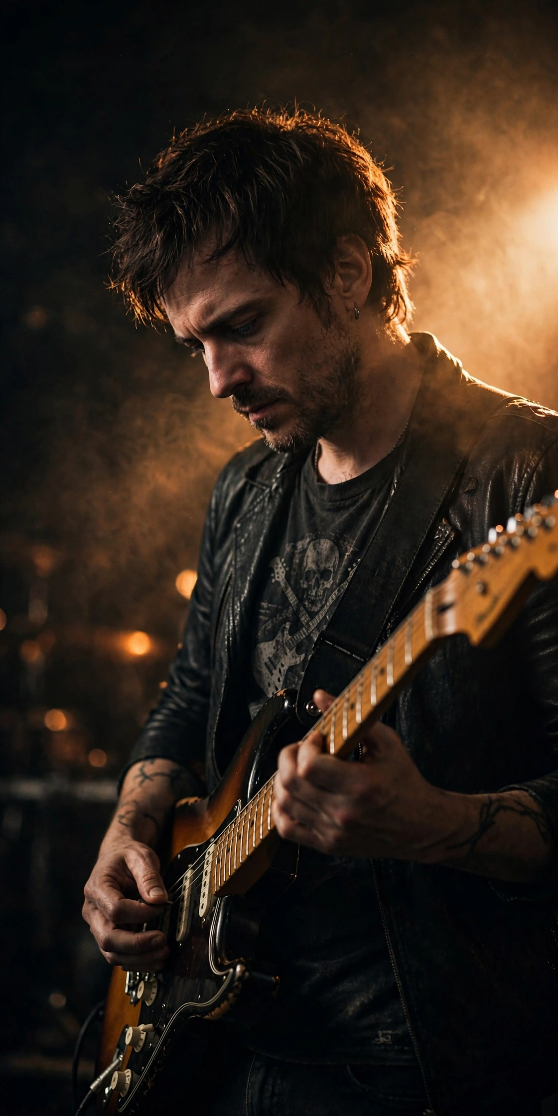European male rock guitarist playing electric guitar on stage